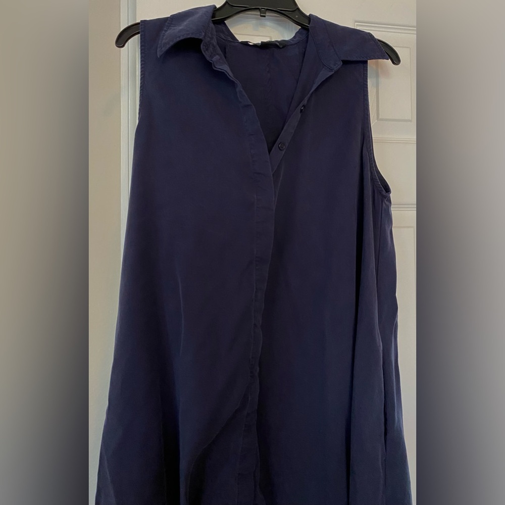 Sharagano Navy Blue Sleeveless Button down midi.  Asymmetrical flowy size 12 EC